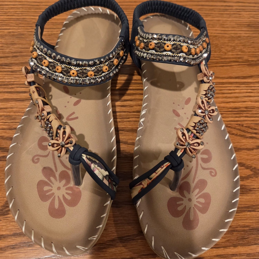 Embellished Tan and Black Sandals